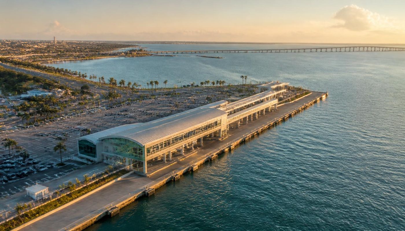 Aerial view of the Galveston, Texas cruise terminal and waterfront at golden hour