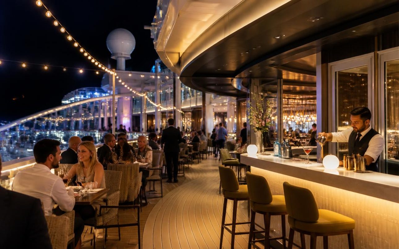 Guests dining and enjoying cocktails at a softly lit onboard restaurant and bar in the evening