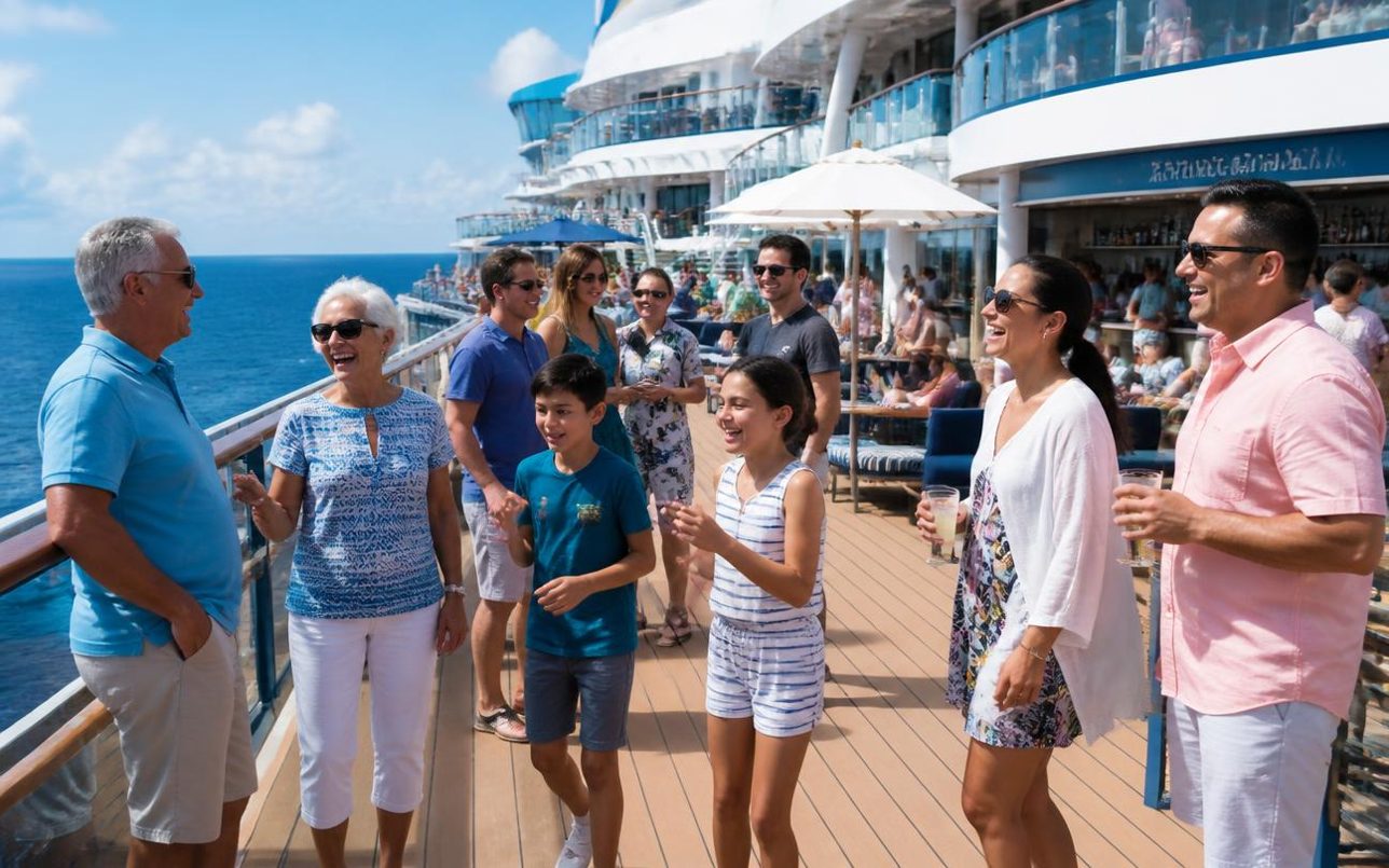Grandparents, parents, kids and friends laughing together on a sunny open cruise ship deck